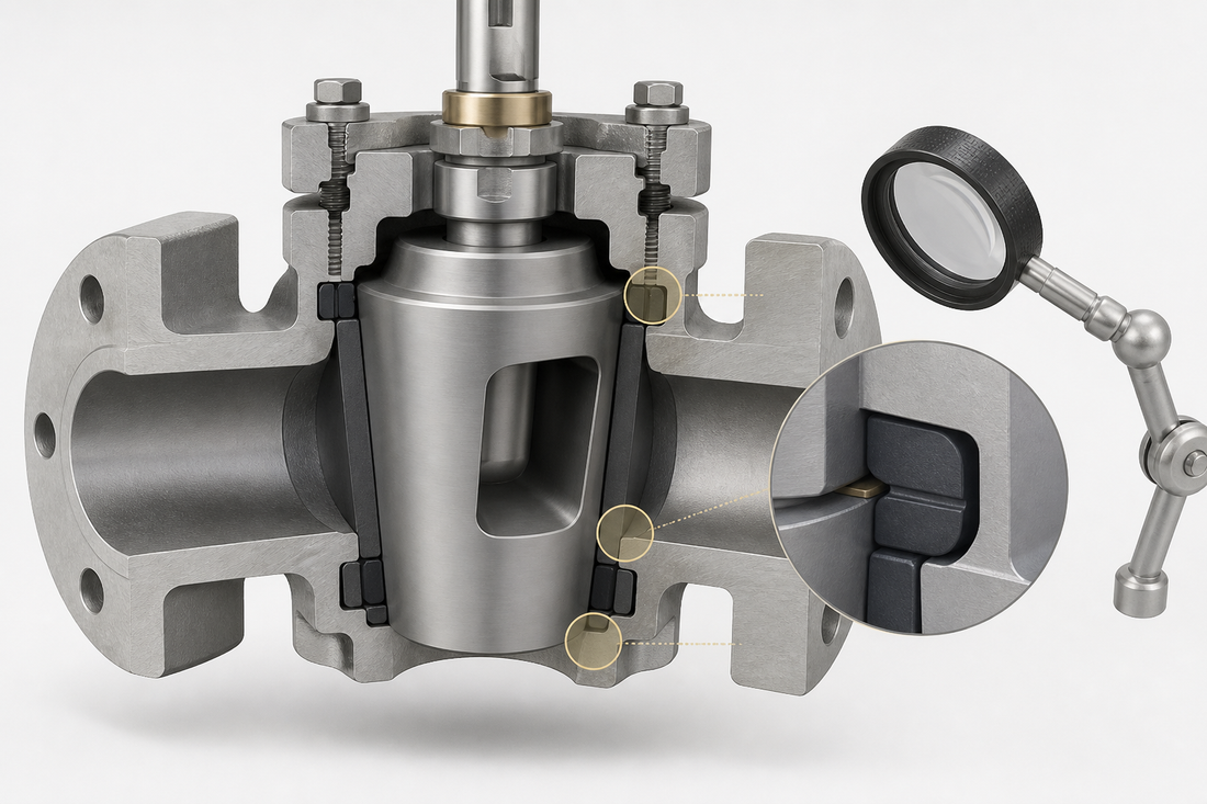 Generic plug valve cross-section with sealing elements shown for inspection