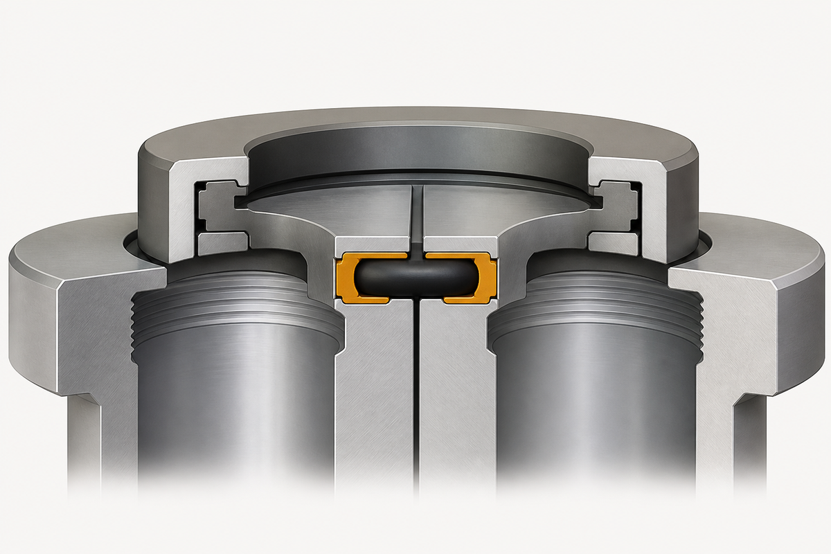 Generic cutaway of a mating connection with an elastomer seal at the interface