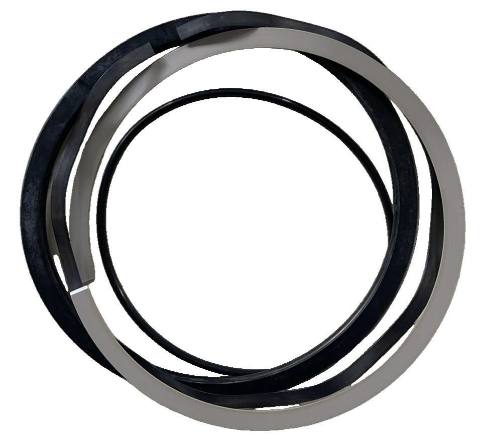 Black and silver sealing rings for a 7 in SPM-style flapper valve seal kit on a white background