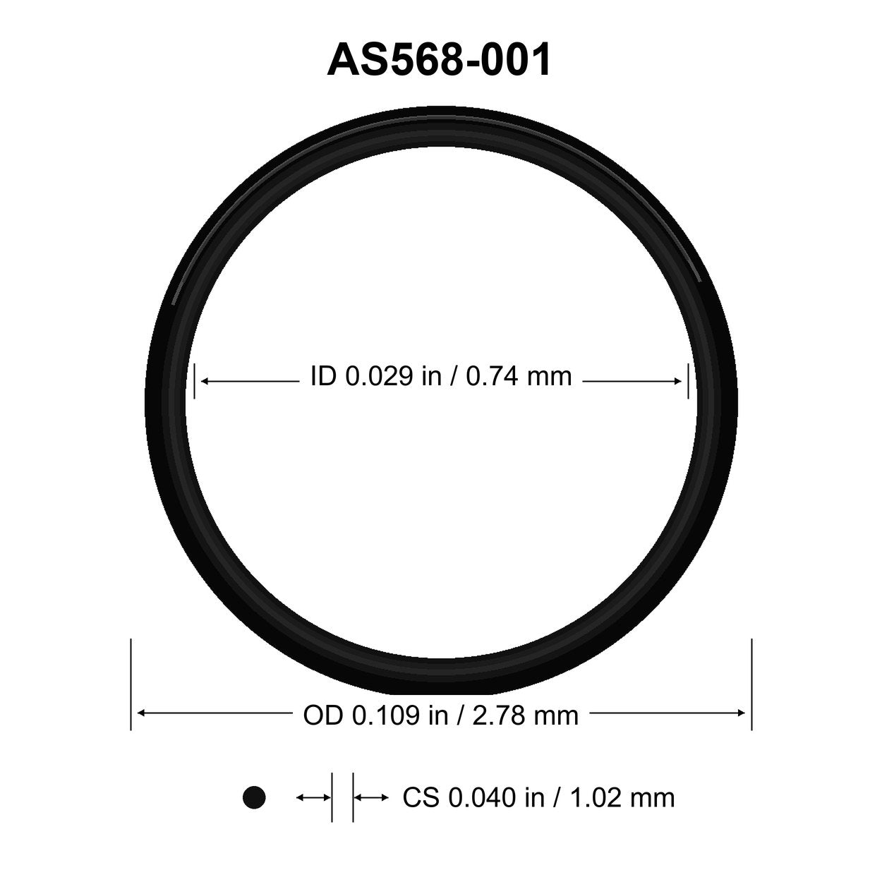 AS568-001 O-Ring – 0.029 in ID × 0.040 in CS – dimensional diagram showing ID, OD and cross-section