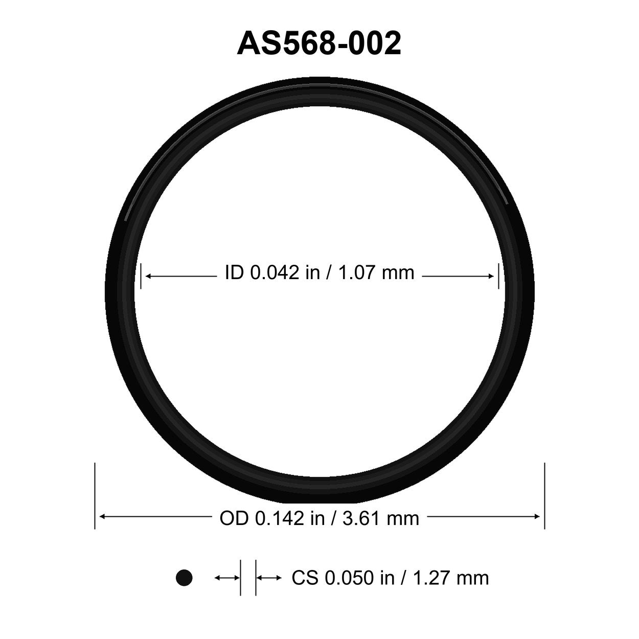 AS568-002 O-Ring – 0.042 in ID × 0.050 in CS – dimensional diagram showing ID, OD and cross-section