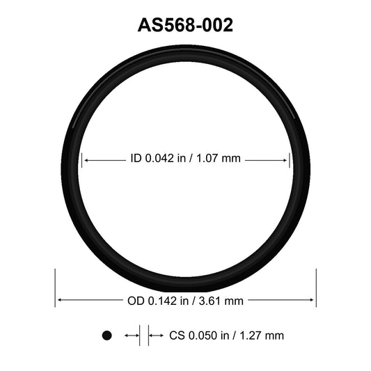AS568-002 O-Ring – 0.042 in ID × 0.050 in CS – dimensional diagram showing ID, OD and cross-section