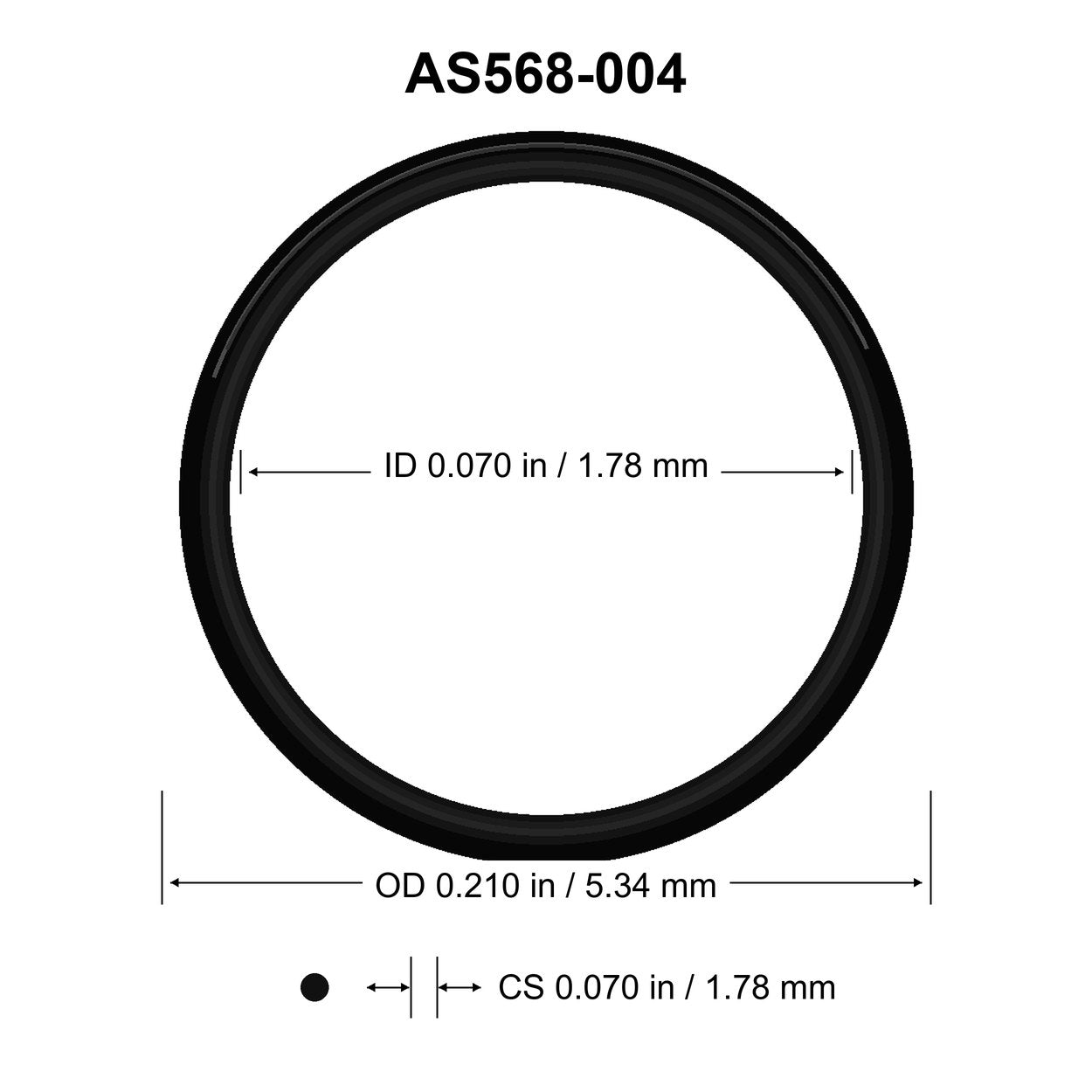 AS568-004 O-Ring – 0.070 in ID × 0.070 in CS – dimensional diagram showing ID, OD and cross-section