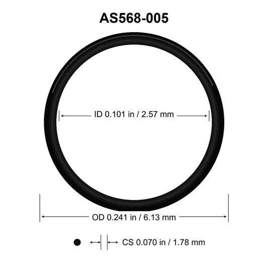 AS568-005 O-Ring – 0.101 in ID × 0.070 in CS – dimensional diagram showing ID, OD and cross-section