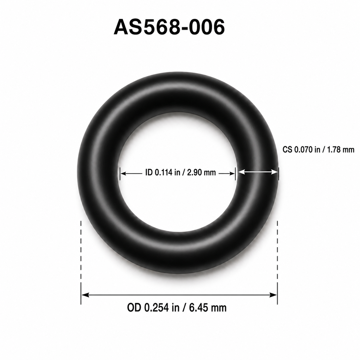 AS568-006 smooth O-ring dimensions: 2.90 mm ID, 1.78 mm cross section, 6.45 mm OD