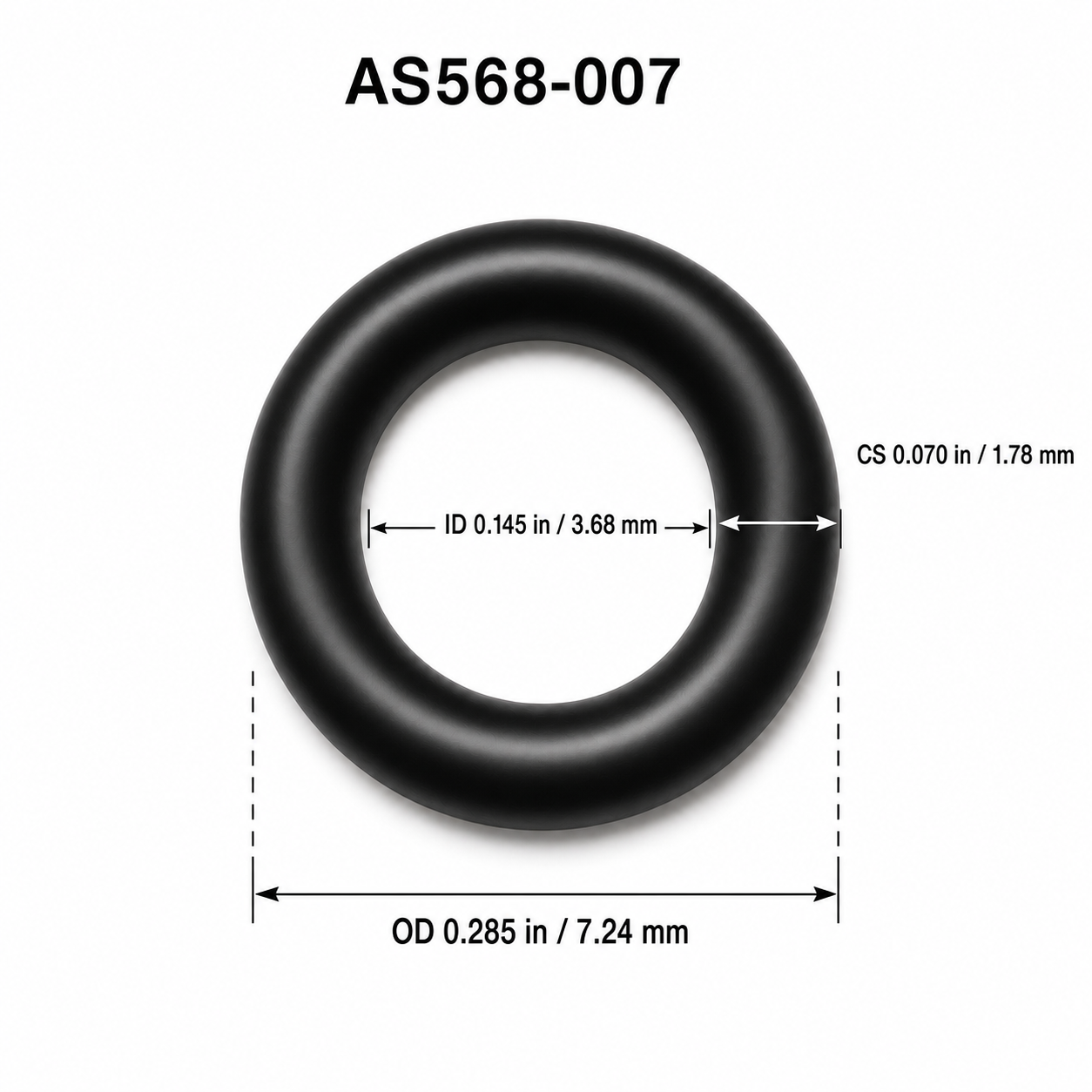 AS568-007 smooth O-ring dimensions: 3.68 mm ID, 1.78 mm cross section, 7.24 mm OD