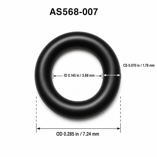 AS568-007 smooth O-ring dimensions: 3.68 mm ID, 1.78 mm cross section, 7.24 mm OD