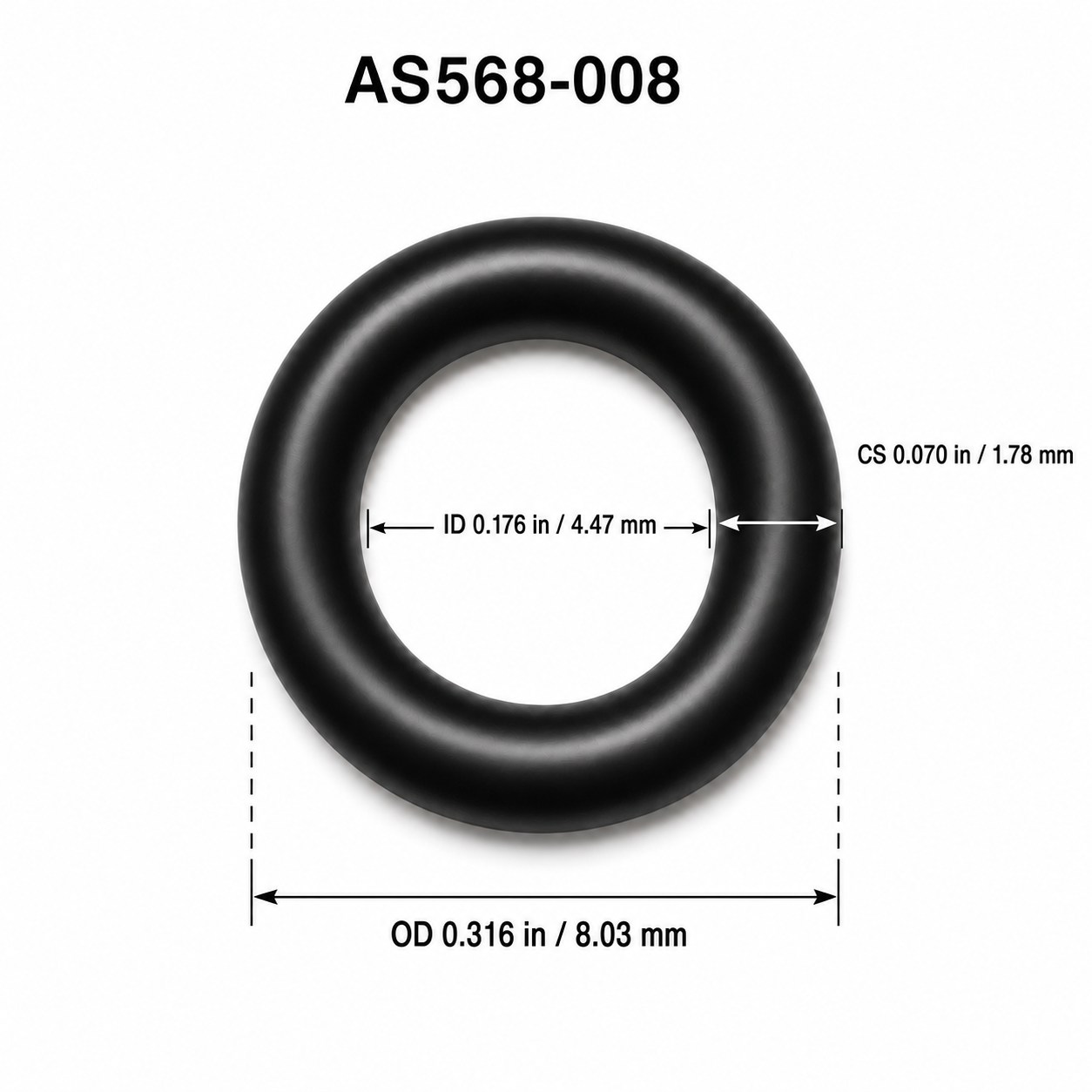 AS568-008 smooth O-ring dimensions: 4.47 mm ID, 1.78 mm cross section, 8.03 mm OD