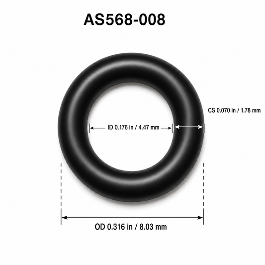 AS568-008 smooth O-ring dimensions: 4.47 mm ID, 1.78 mm cross section, 8.03 mm OD