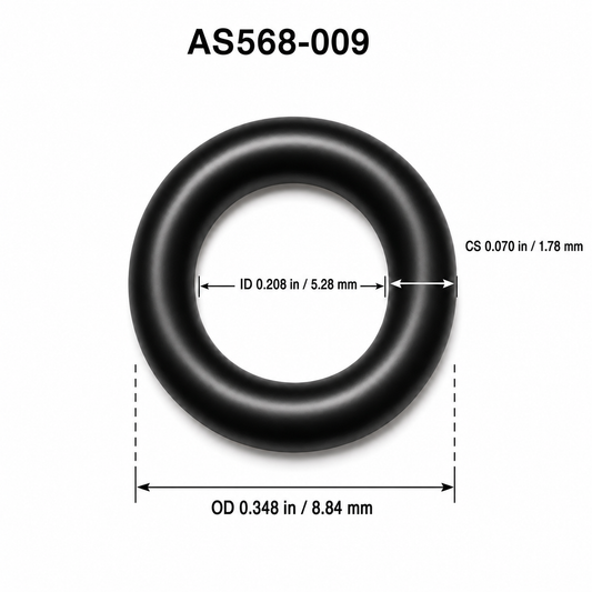 AS568-009 smooth O-ring dimensions: 5.28 mm ID, 1.78 mm cross section, 8.84 mm OD