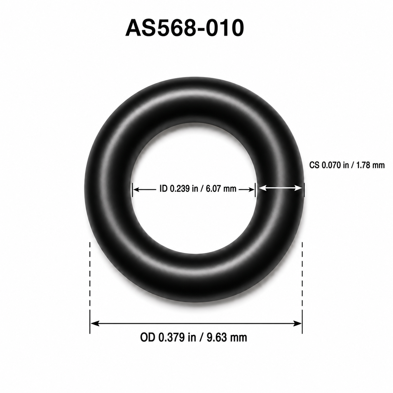 AS568-010 smooth O-ring dimensions: 6.07 mm ID, 1.78 mm cross section, 9.63 mm OD