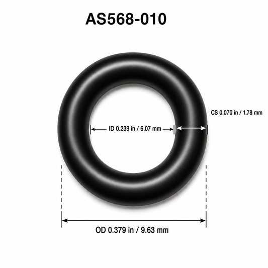 AS568-010 smooth O-ring dimensions: 6.07 mm ID, 1.78 mm cross section, 9.63 mm OD