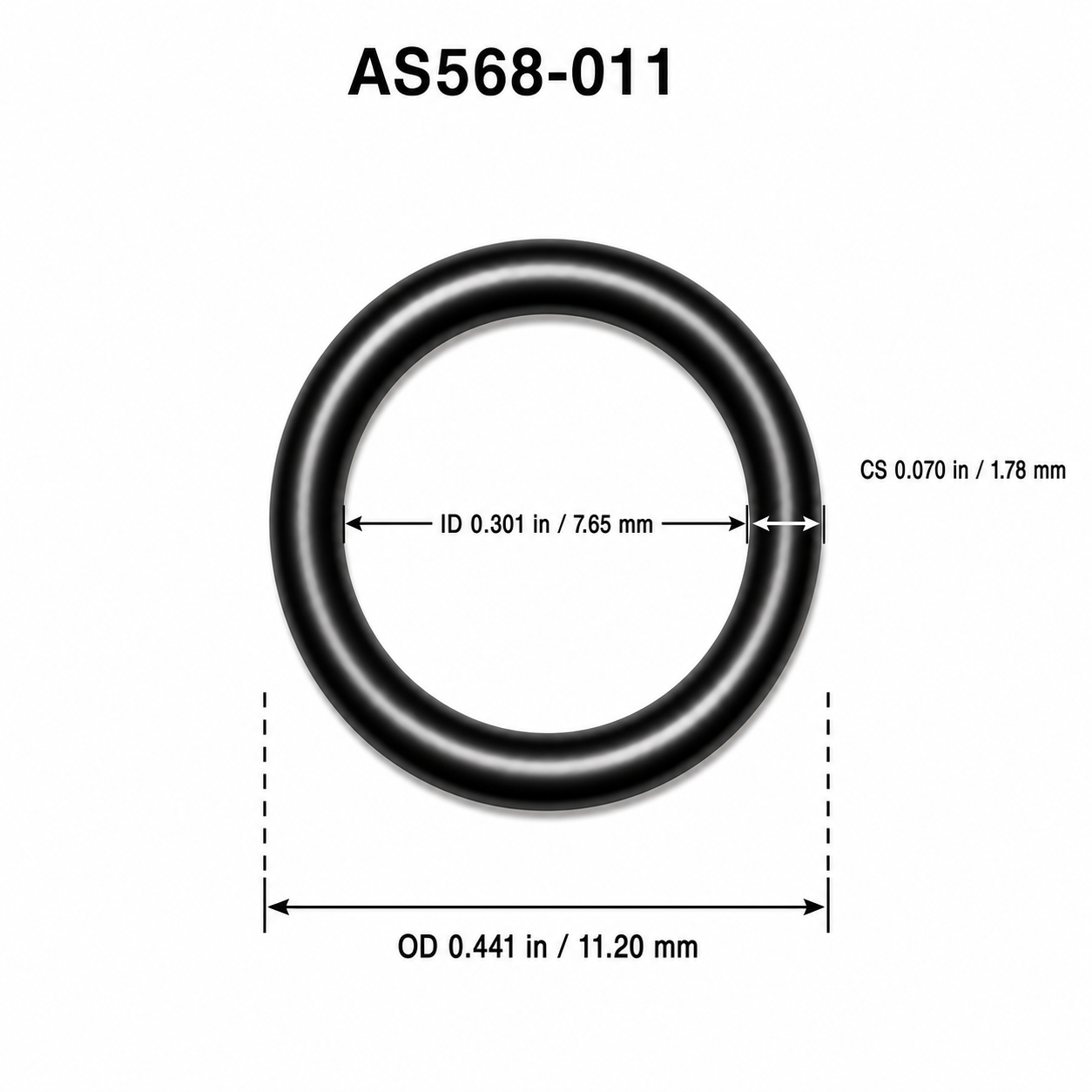 AS568-011 O-ring dimensional diagram: ID 0.301 in / 7.65 mm, CS 0.070 in / 1.78 mm, OD 0.441 in / 11.20 mm