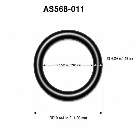 AS568-011 O-ring dimensional diagram: ID 0.301 in / 7.65 mm, CS 0.070 in / 1.78 mm, OD 0.441 in / 11.20 mm