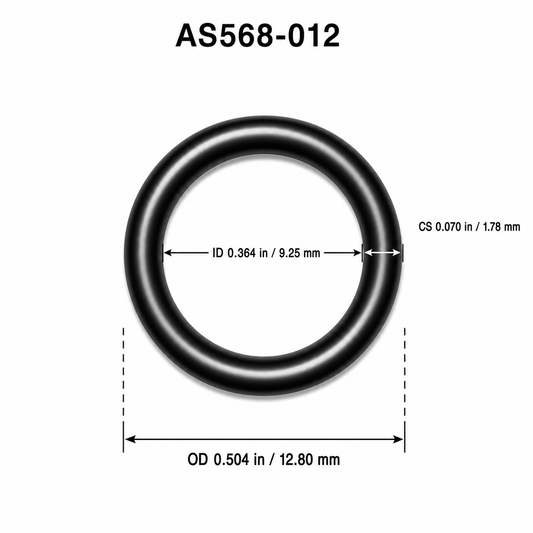 AS568-012 O-ring dimensional diagram: ID 0.364 in / 9.25 mm, CS 0.070 in / 1.78 mm, OD 0.504 in / 12.80 mm