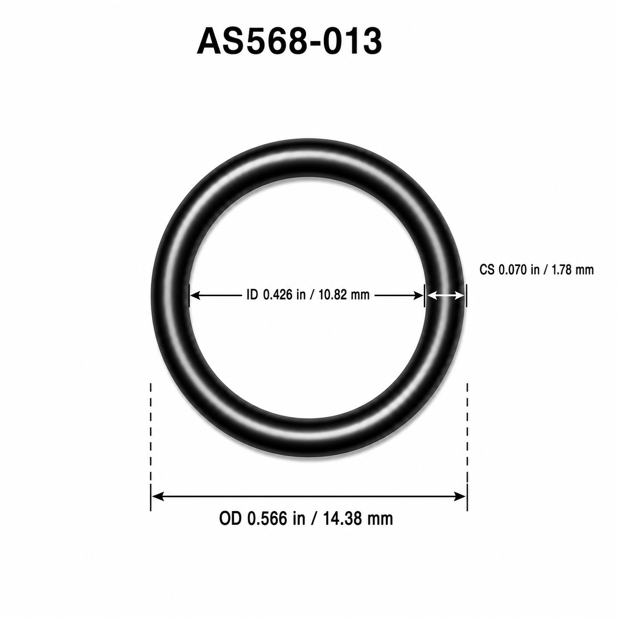 AS568-013 O-ring dimensional diagram: ID 0.426 in / 10.82 mm, CS 0.070 in / 1.78 mm, OD 0.566 in / 14.38 mm