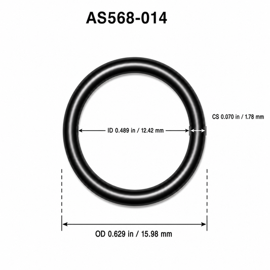 AS568-014 O-ring dimensional diagram: ID 0.489 in / 12.42 mm, CS 0.070 in / 1.78 mm, OD 0.629 in / 15.98 mm