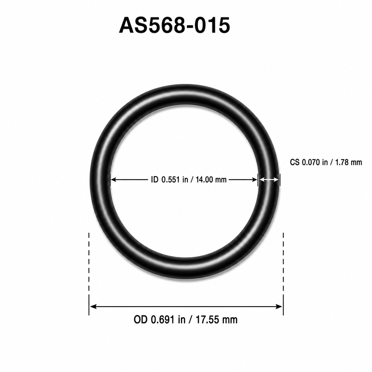 AS568-015 O-ring dimensional diagram: ID 0.551 in / 14.00 mm, CS 0.070 in / 1.78 mm, OD 0.691 in / 17.55 mm