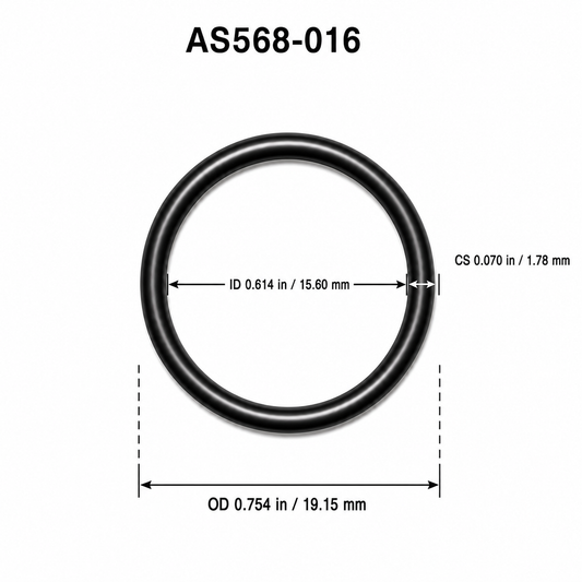 AS568-016 O-ring dimensional diagram: ID 0.614 in / 15.60 mm, CS 0.070 in / 1.78 mm, OD 0.754 in / 19.15 mm