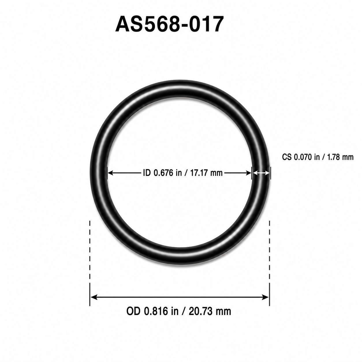 AS568-017 O-ring dimensional diagram: ID 0.676 in / 17.17 mm, CS 0.070 in / 1.78 mm, OD 0.816 in / 20.73 mm