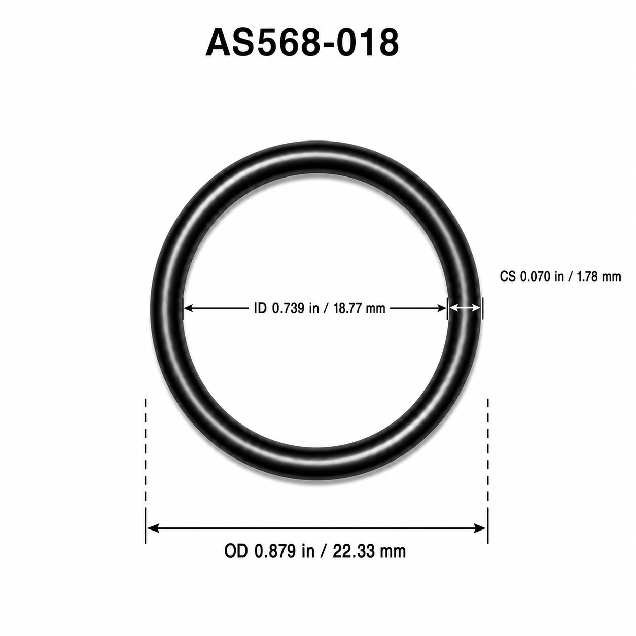 AS568-018 O-ring dimensional diagram: ID 0.739 in / 18.77 mm, CS 0.070 in / 1.78 mm, OD 0.879 in / 22.33 mm
