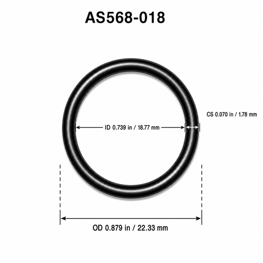AS568-018 O-ring dimensional diagram: ID 0.739 in / 18.77 mm, CS 0.070 in / 1.78 mm, OD 0.879 in / 22.33 mm