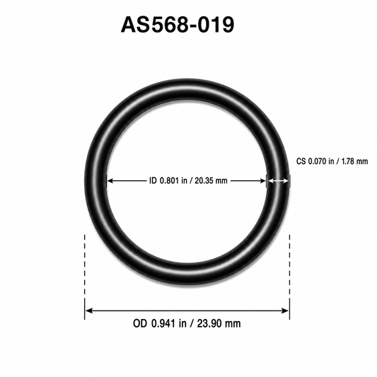 AS568-019 O-ring dimensional diagram: ID 0.801 in / 20.35 mm, CS 0.070 in / 1.78 mm, OD 0.941 in / 23.90 mm