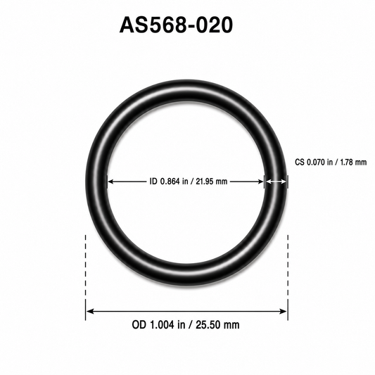 AS568-020 O-ring dimensional diagram: ID 0.864 in / 21.95 mm, CS 0.070 in / 1.78 mm, OD 1.004 in / 25.50 mm