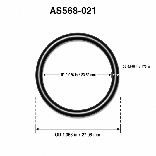 AS568-021 O-ring dimensional diagram: ID 0.926 in / 23.52 mm, CS 0.070 in / 1.78 mm, OD 1.066 in / 27.08 mm