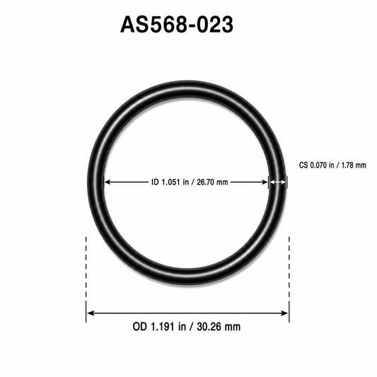 AS568-023 O-ring dimensional diagram: ID 1.051 in / 26.70 mm, CS 0.070 in / 1.78 mm, OD 1.191 in / 30.26 mm