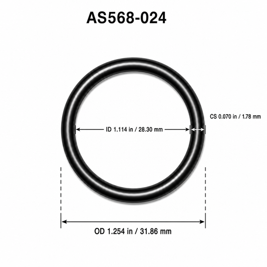AS568-024 O-ring dimensional diagram: ID 1.114 in / 28.30 mm, CS 0.070 in / 1.78 mm, OD 1.254 in / 31.86 mm