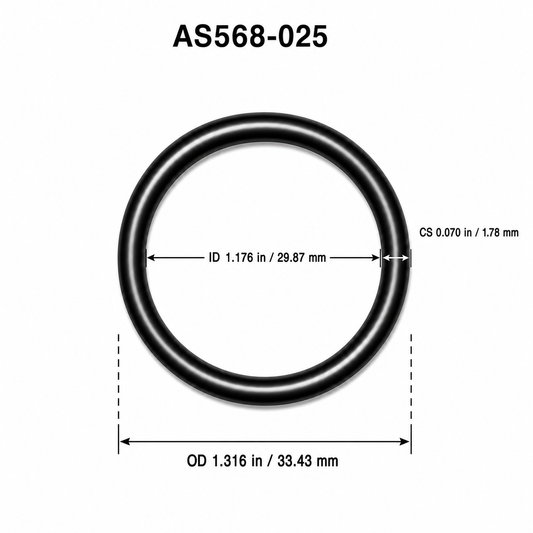 AS568-025 O-ring dimensional diagram: ID 1.176 in / 29.87 mm, CS 0.070 in / 1.78 mm, OD 1.316 in / 33.43 mm