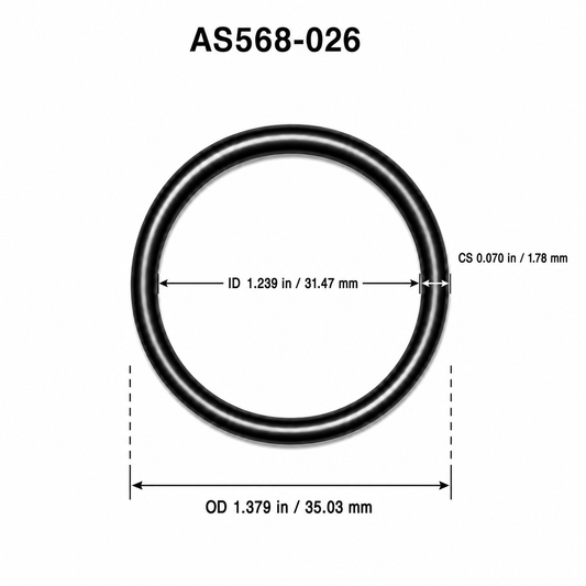 AS568-026 O-ring dimensional diagram: ID 1.239 in / 31.47 mm, CS 0.070 in / 1.78 mm, OD 1.379 in / 35.03 mm