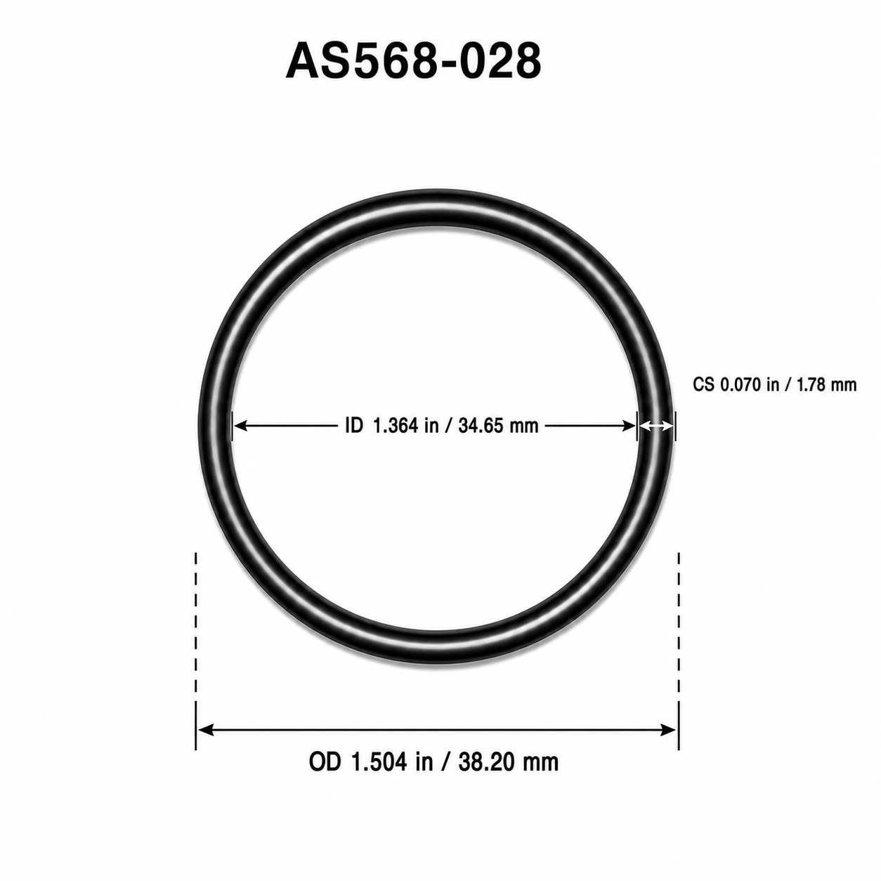 AS568-028 O-ring dimensional diagram: ID 1.364 in / 34.65 mm, CS 0.070 in / 1.78 mm, OD 1.504 in / 38.20 mm