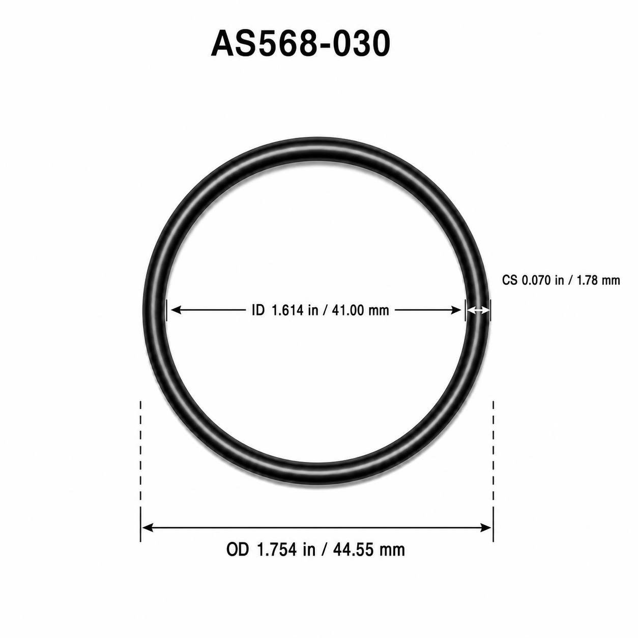 AS568-030 O-ring dimensional diagram: ID 1.614 in / 41.00 mm, CS 0.070 in / 1.78 mm, OD 1.754 in / 44.55 mm