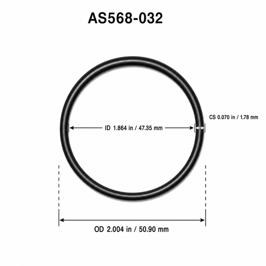 AS568-032 O-ring dimensional diagram: ID 1.864 in / 47.35 mm, CS 0.070 in / 1.78 mm, OD 2.004 in / 50.90 mm