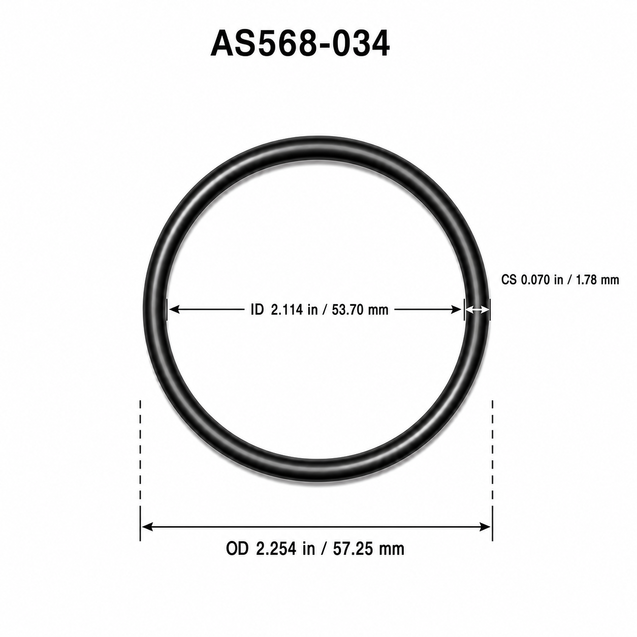 AS568-034 O-ring dimensional diagram: ID 2.114 in / 53.70 mm, CS 0.070 in / 1.78 mm, OD 2.254 in / 57.25 mm