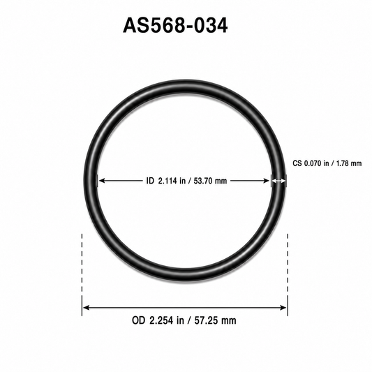 AS568-034 O-ring dimensional diagram: ID 2.114 in / 53.70 mm, CS 0.070 in / 1.78 mm, OD 2.254 in / 57.25 mm