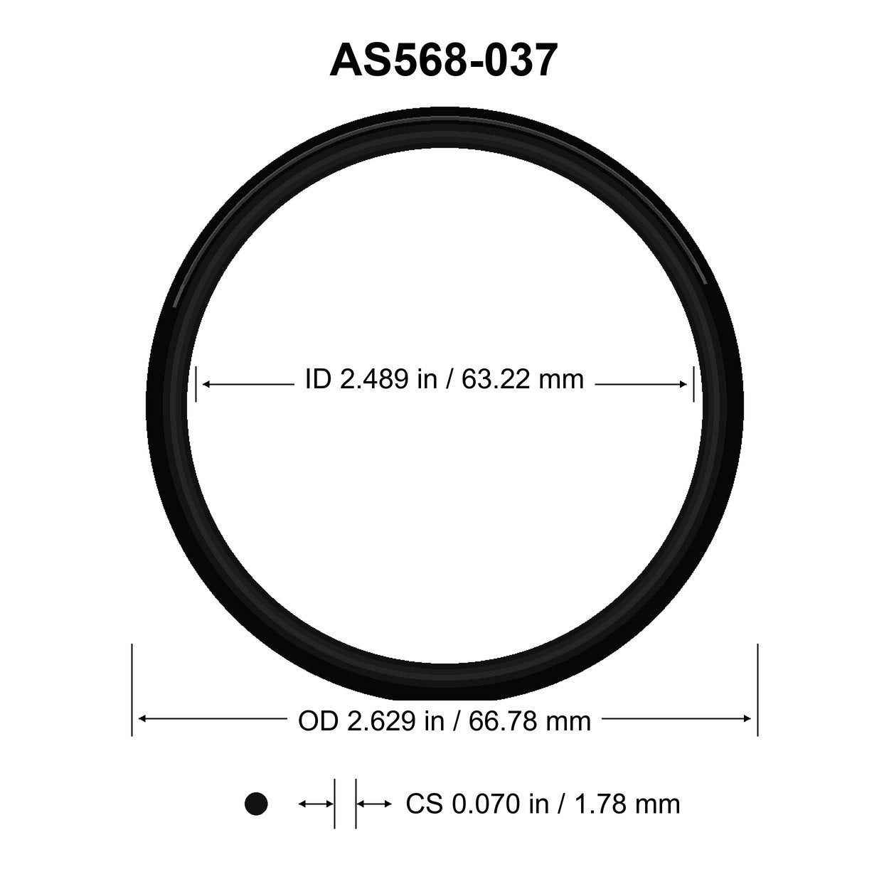 AS568-037 O-Ring – 2.489 in ID × 0.070 in CS – dimensional diagram showing ID, OD and cross-section