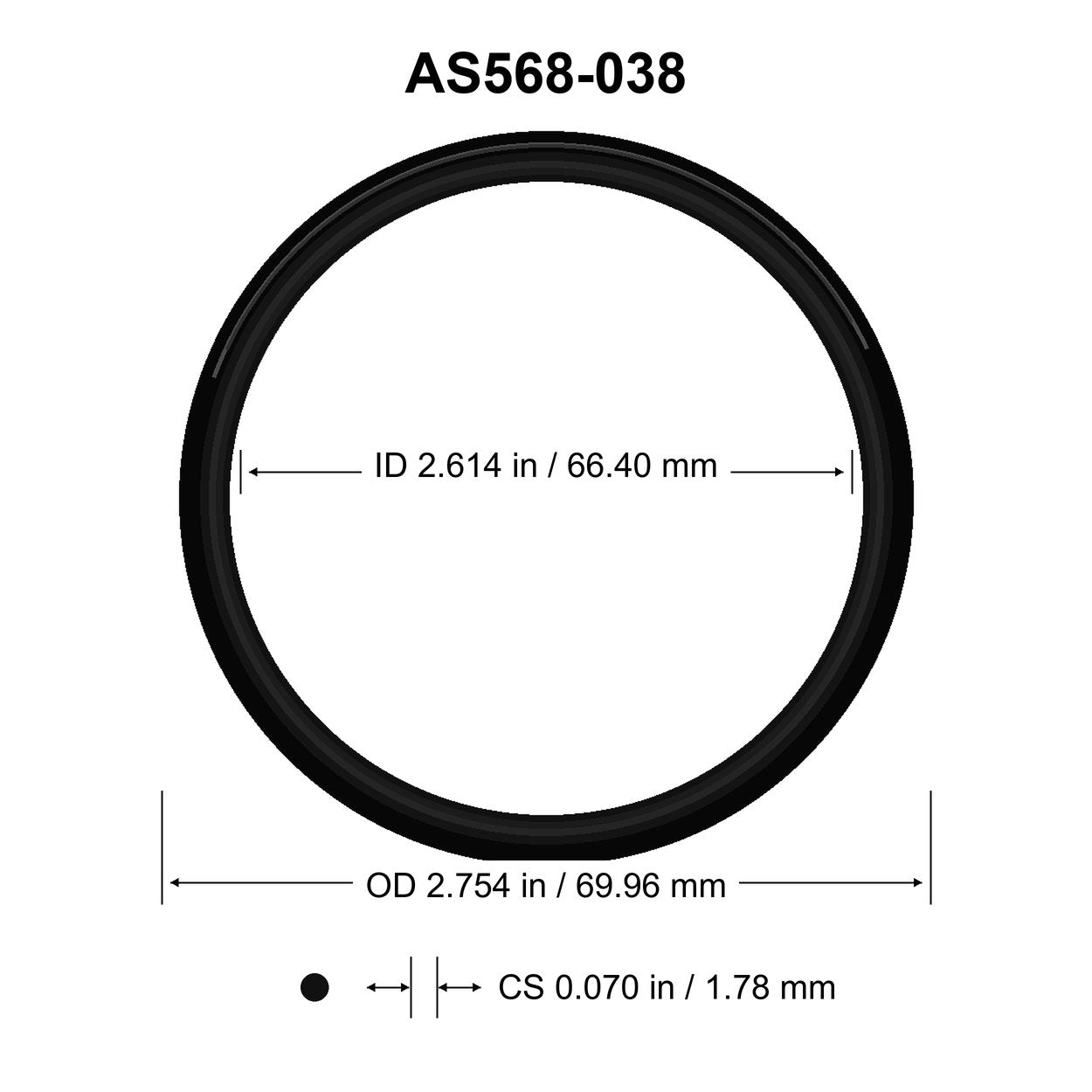 AS568-038 O-Ring – 2.614 in ID × 0.070 in CS – dimensional diagram showing ID, OD and cross-section