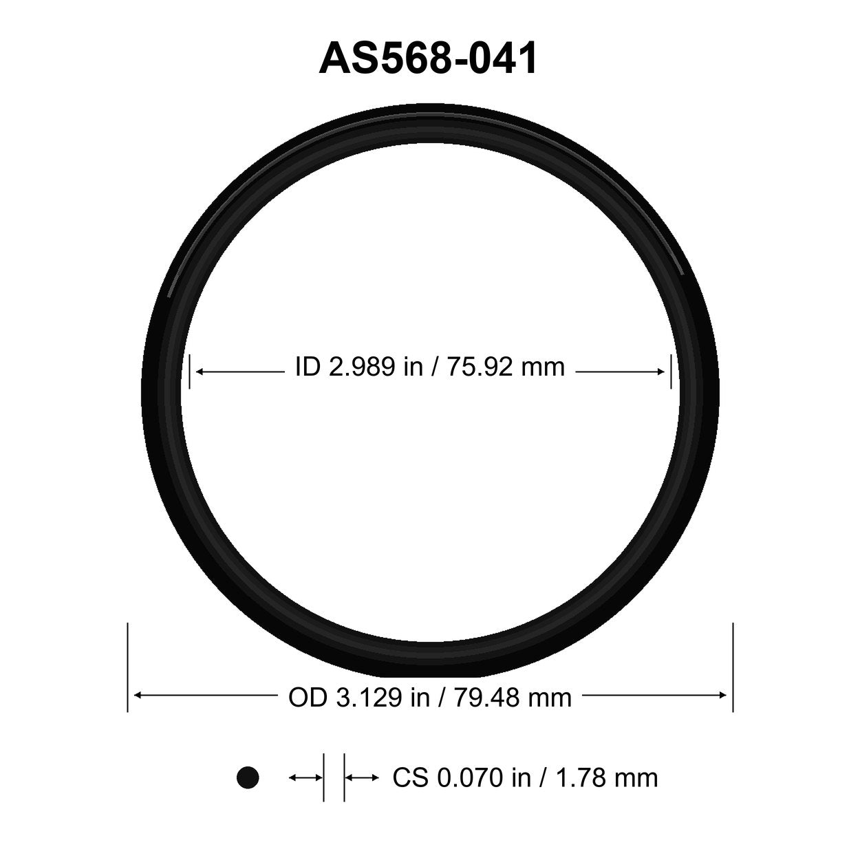AS568-041 O-Ring – 2.989 in ID × 0.070 in CS – dimensional diagram showing ID, OD and cross-section