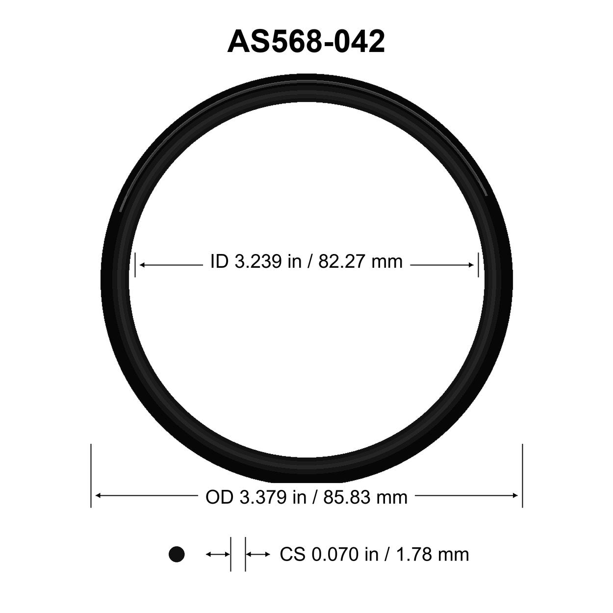 AS568-042 O-Ring – 3.239 in ID × 0.070 in CS – dimensional diagram showing ID, OD and cross-section