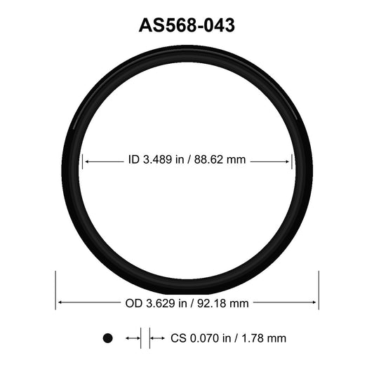 AS568-043 O-Ring – 3.489 in ID × 0.070 in CS – dimensional diagram showing ID, OD and cross-section