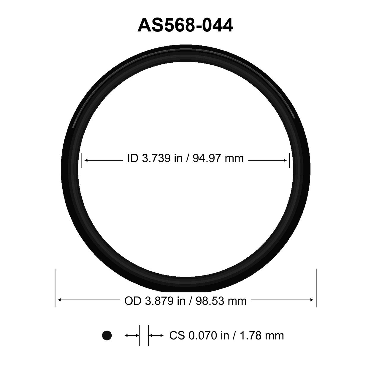 AS568-044 O-Ring – 3.739 in ID × 0.070 in CS – dimensional diagram showing ID, OD and cross-section