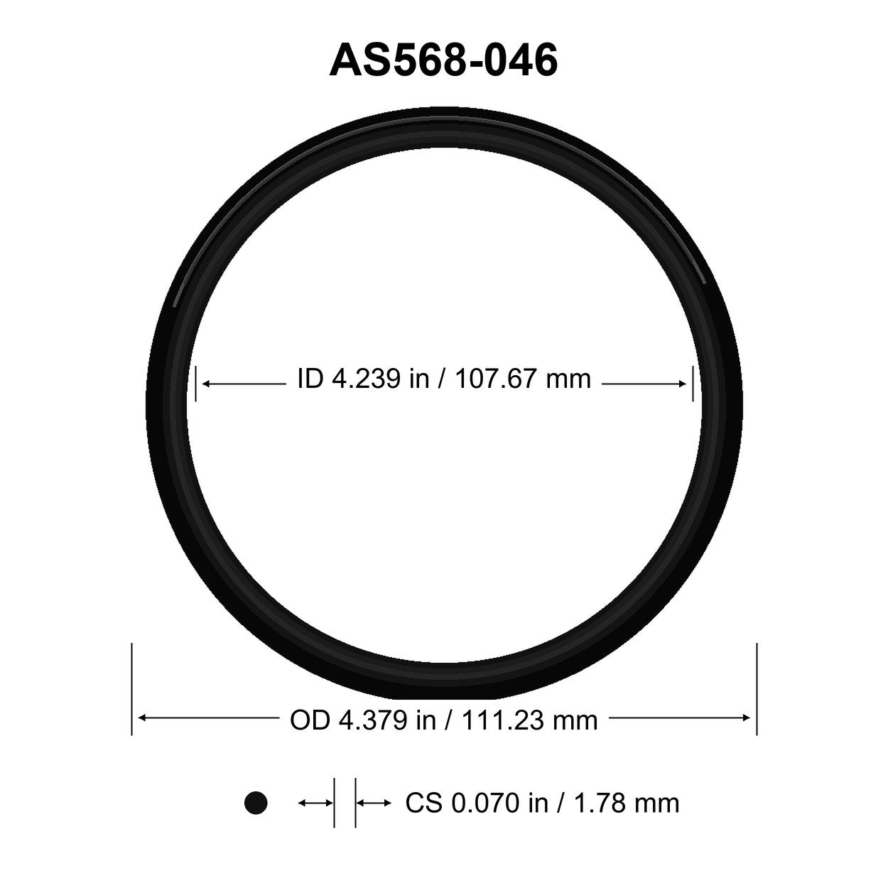 AS568-046 O-Ring – 4.239 in ID × 0.070 in CS – dimensional diagram showing ID, OD and cross-section