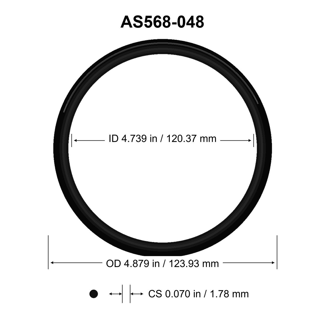 AS568-048 O-Ring – 4.739 in ID × 0.070 in CS – dimensional diagram showing ID, OD and cross-section