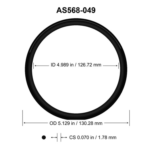 AS568-049 O-Ring – 4.989 in ID × 0.070 in CS – dimensional diagram showing ID, OD and cross-section