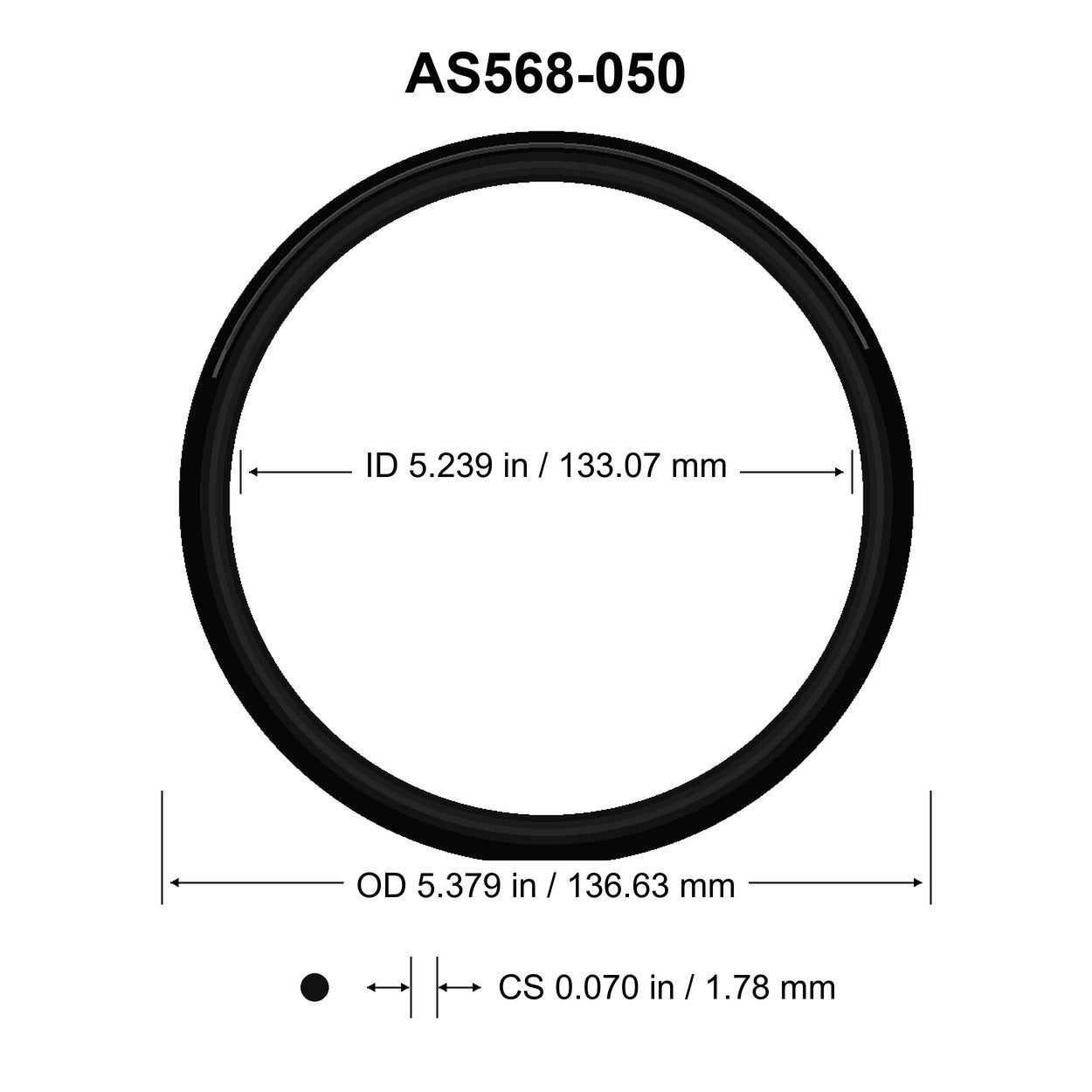 AS568-050 O-Ring – 5.239 in ID × 0.070 in CS – dimensional diagram showing ID, OD and cross-section