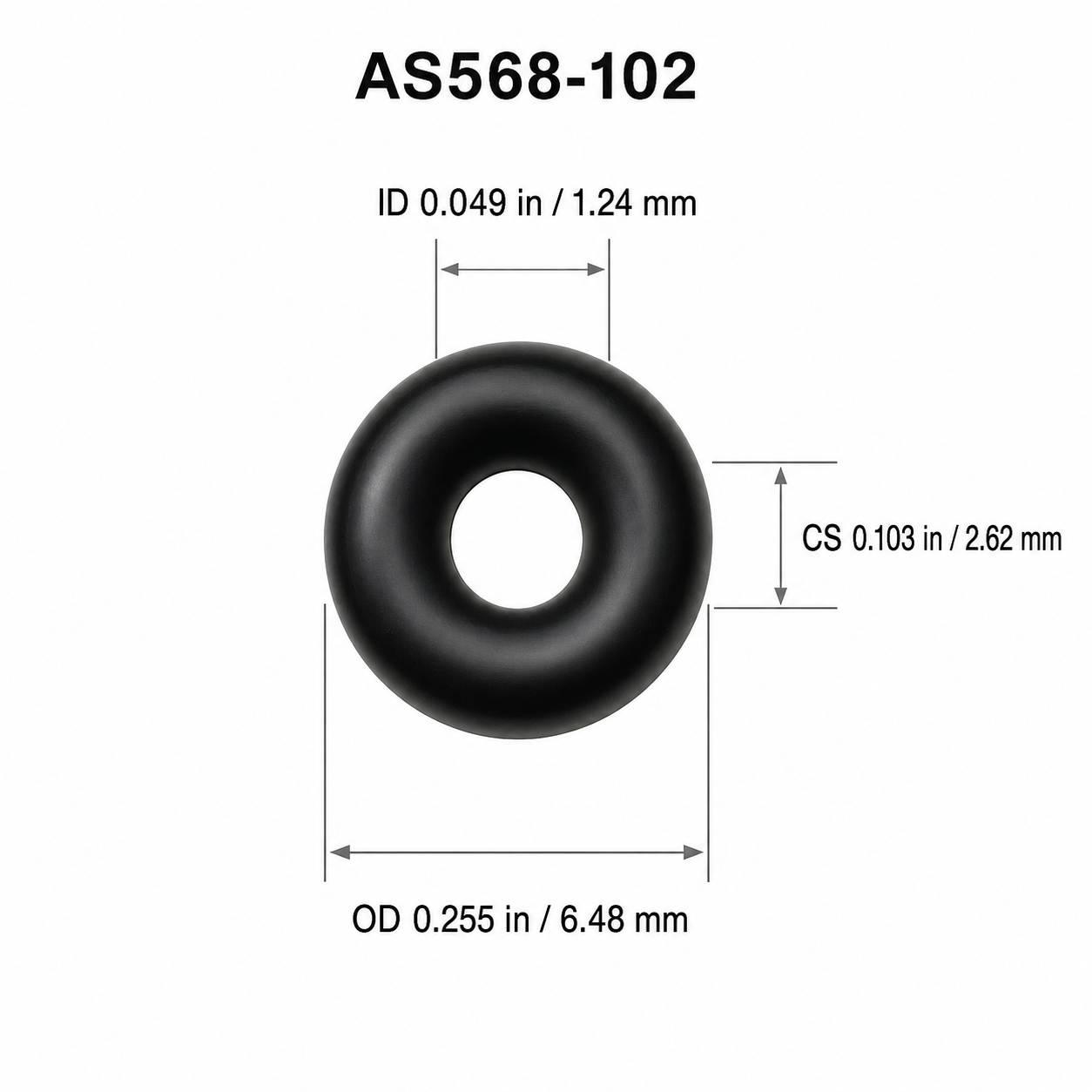 AS568-102 O-Ring dimensions: ID 0.049 in, CS 0.103 in, OD 0.255 in
