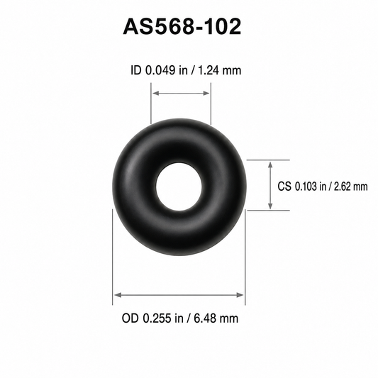 AS568-102 O-Ring dimensions: ID 0.049 in, CS 0.103 in, OD 0.255 in